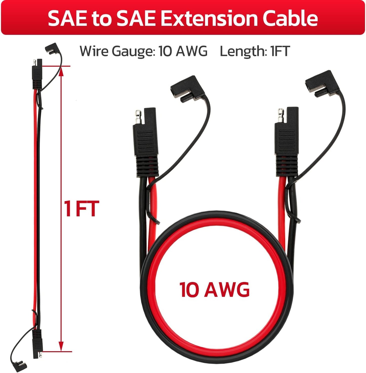 10AWG SAE Extension Cable 10 Gauge SAE to SAE Extension Cord with Two Prong Connectors for Solar RV Automotive (1FT)