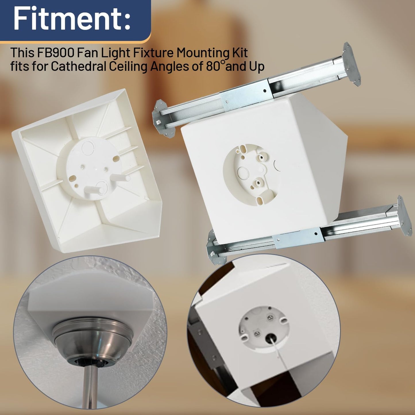 Ceiling Fan Light Fixture Mounting Box Fan Mounting Bracket FB900 Ceiling Fan Angle Mount for Cathedral Ceiling Angles of 80°and Up with Metal Bracket
