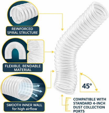 2-1/2" x 10' Heavy Duty Dust Collection Hose, Thickened Clear PVC Flexible Hose with Steel Wire Reinforced, Puncture Resistant for Woodworking Dust Collector System