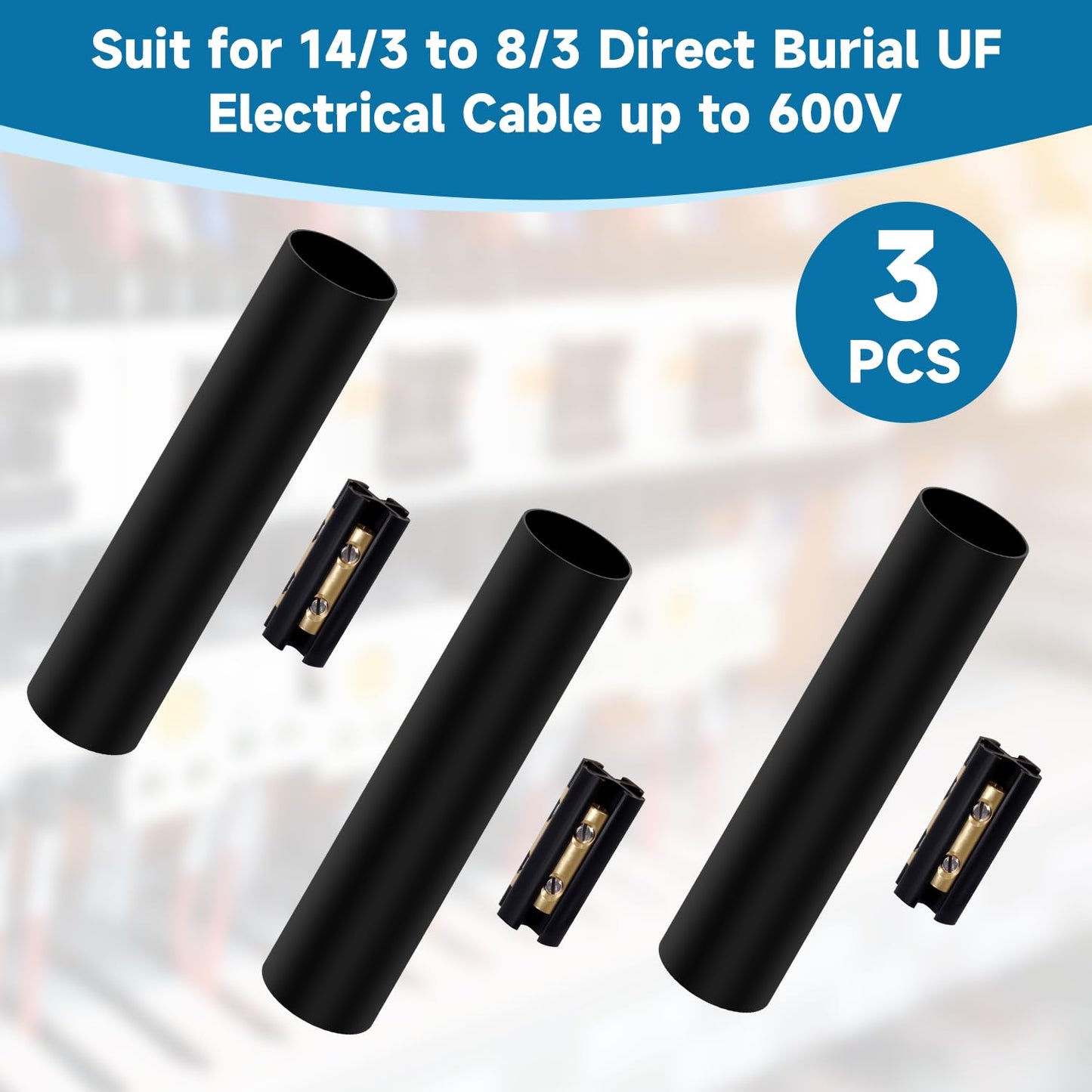Underground Wire Splice Kit Suit for 14/3 to 8/3 Direct Burial UF Electrical Cable - 600V Max with Heat Shrink Tube and Connector, 3 Set