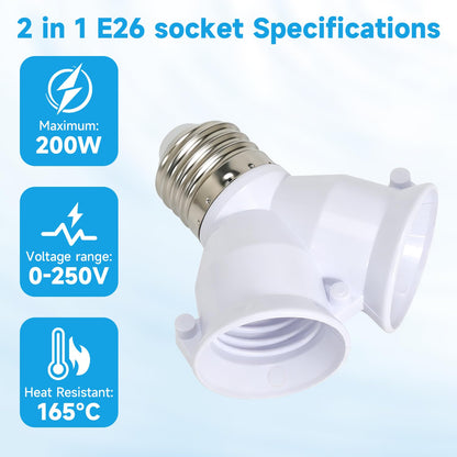 2 in 1 E26 Twin Light Bulb Socket Splitter Adapter, 2 E26 Standard Medium Base Bulbs in 1 Socket,Y-Shape Lamp Holder Converter,Maximum 200W 165℃ Heat Resistant,Ceiling Light Base Lamp,20 Pcs