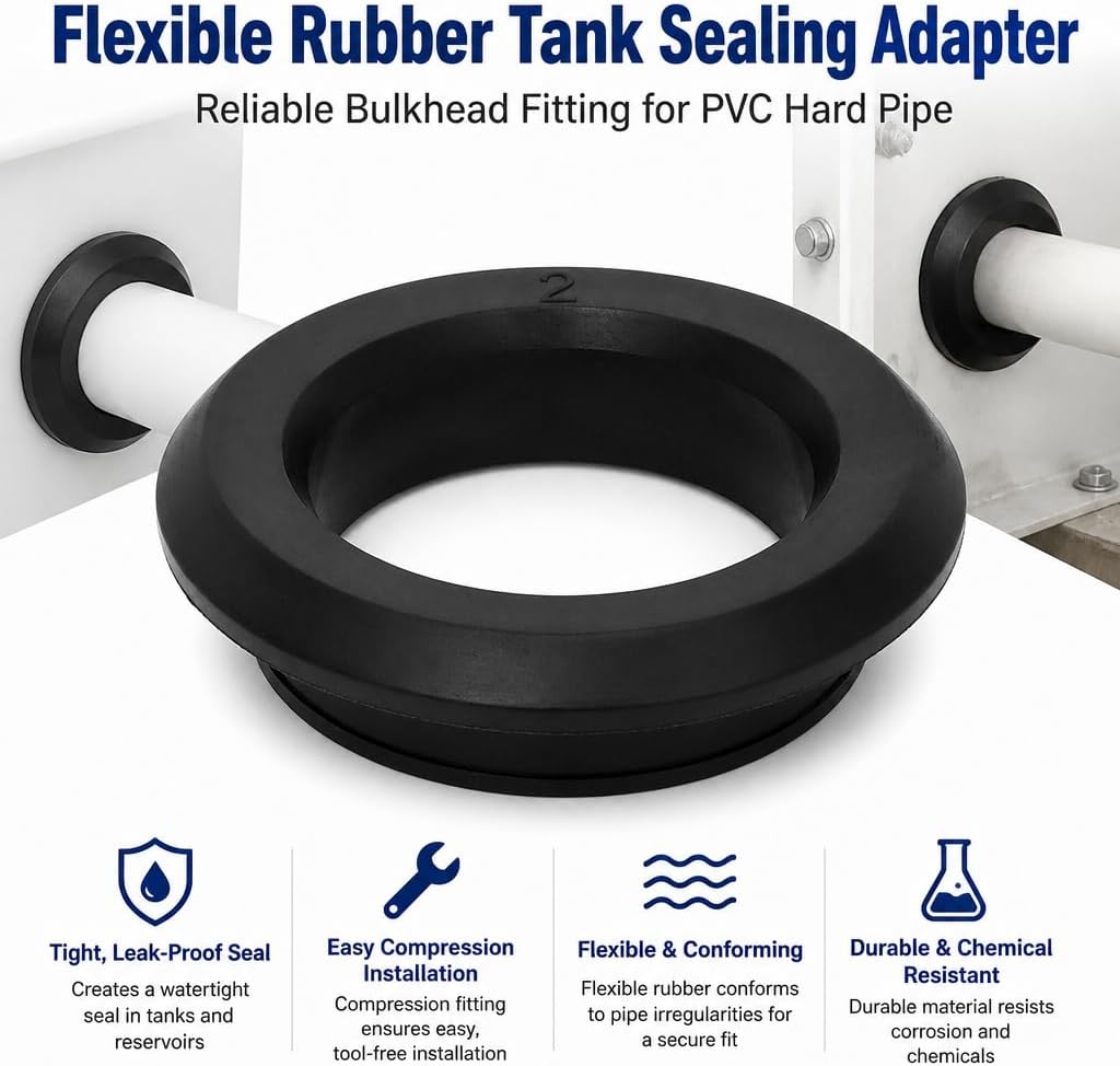 2 Pack 3/4in and 1.5in Uniseal Flexible Rubber Tank Sealing Adapter Bulkhead Fitting Compression Fittings for PVC Hard Pipe