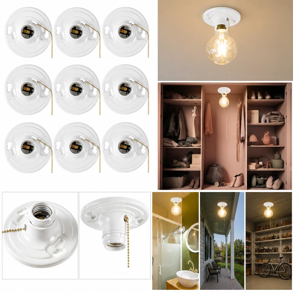20 Pack for E26 Light Base Socket with Pull Chain Keyless Lamp Base Holder White Ceiling Bulb Socket 660W Outlet Box Mount for Incandescent for LED for Fluorescent Bulbs Indoor Outdoor Use