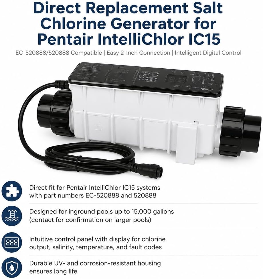 Salt Cell Saltwater Chlorine Generator, Replace EC-520888 520888 for Pentair IntelliChlor IC15 Power Center, Salt Chlorinator System for Inground Pools up to 15000 Gallons