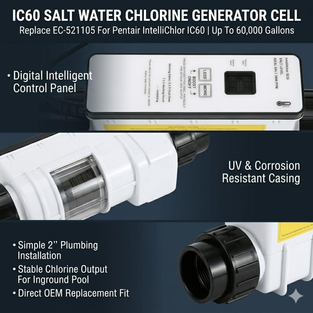 IC60 Salt Cell Saltwater Chlorine Generator Replace EC-521105 521105 Power Center for Pentair IntelliChlor IC60,Salt Chlorinator System for Inground Pools up to 60000 Gallons