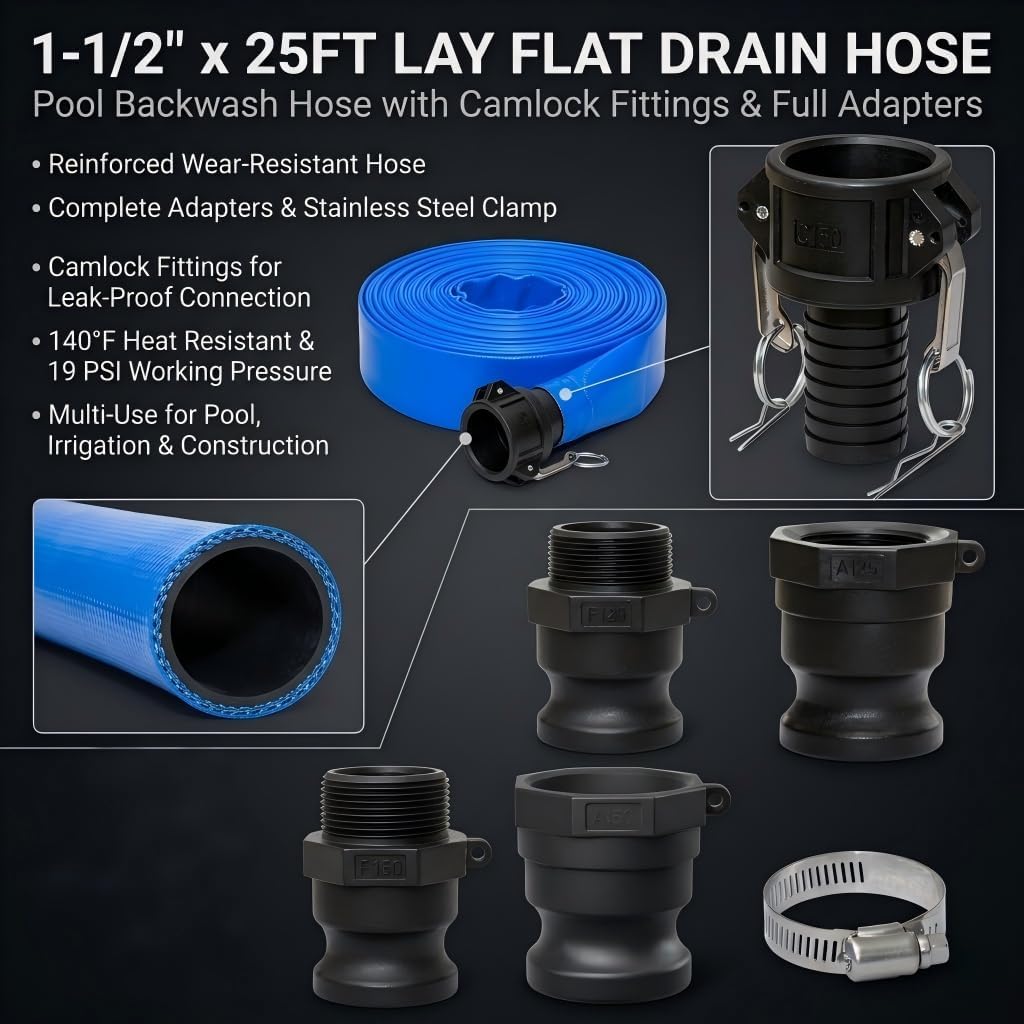 Pool Backwash Drain Hose Lay Flat Discharge Hose 1-1/2" x 25ft Reinforced Drain Pipe with Camlock Fittings for Pump Pool Drainage Includes 125F 125A 150F 150A Adapter and Clamp
