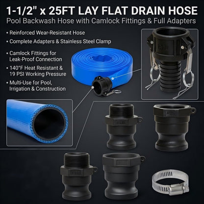 Pool Backwash Drain Hose Lay Flat Discharge Hose 1-1/2" x 25ft Reinforced Drain Pipe with Camlock Fittings for Pump Pool Drainage Includes 125F 125A 150F 150A Adapter and Clamp