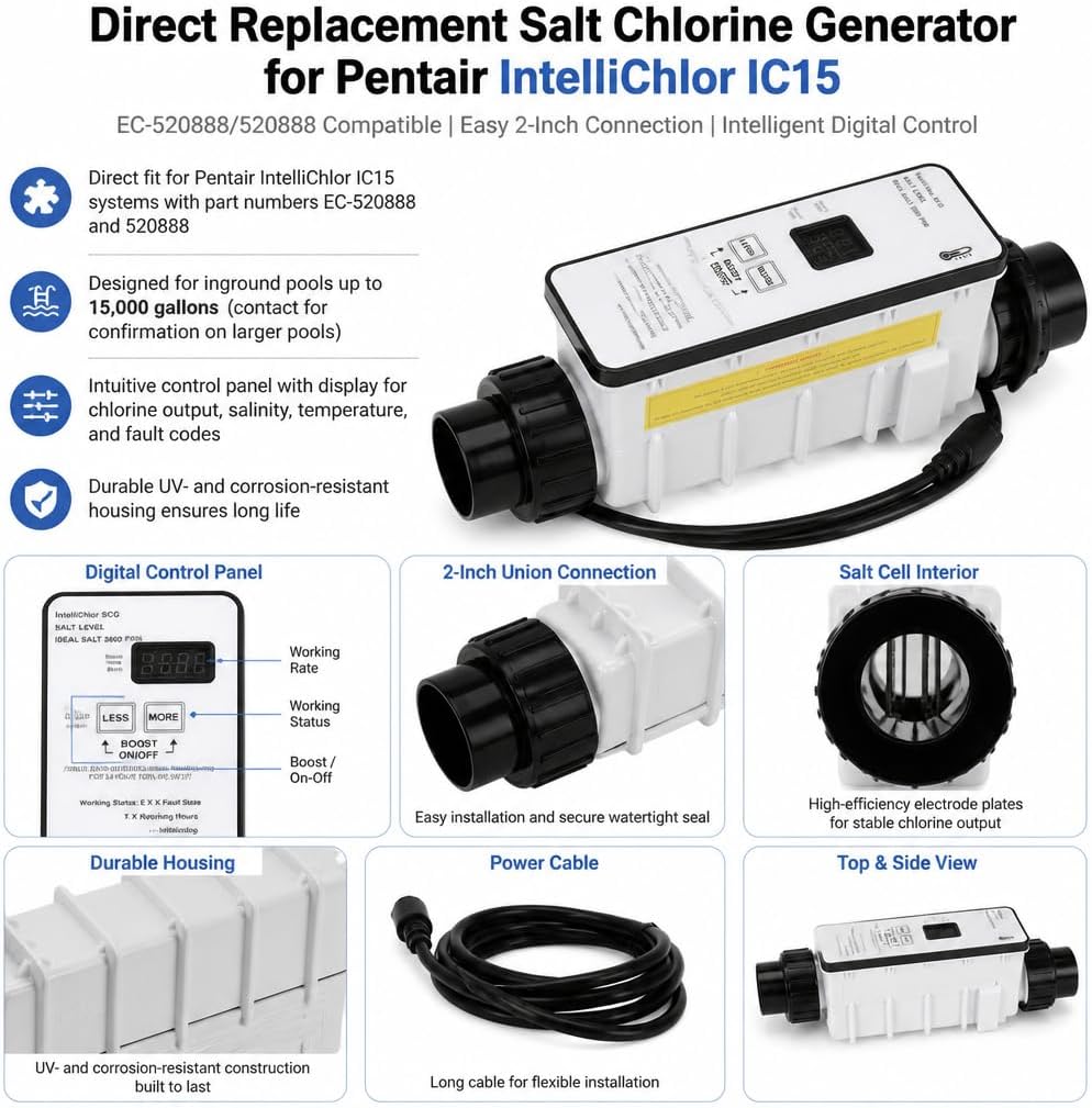 Salt Cell Saltwater Chlorine Generator, Replace EC-520888 520888 for Pentair IntelliChlor IC15 Power Center, Salt Chlorinator System for Inground Pools up to 15000 Gallons