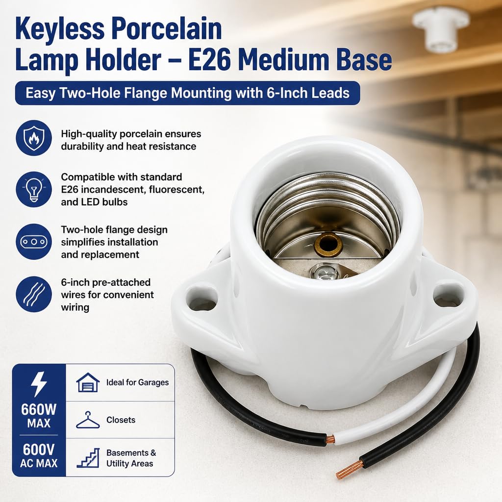 Lamp Holder Light Base Socket Keyless Medium Porcelain Screw Threaded Socket with 6" Leads and Two Hole Flange Mounting for Garage for Closet Lighting (10Pack)