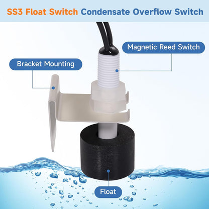 SS3 Float Switch Condensate Overflow Switch Replace 97647 for HVAC Drain Pan Condensate for Installation on Primary and Auxiliary Drain Pans (2Pack)