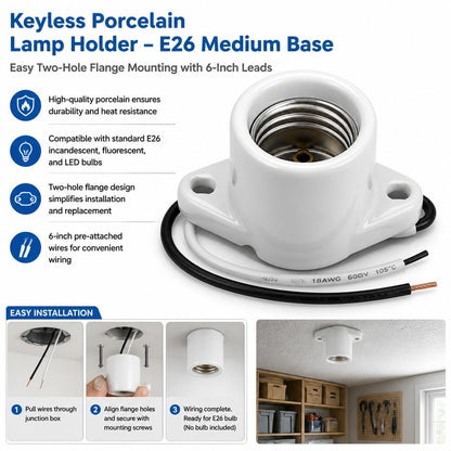 Lamp Holder Light Base Socket Keyless Medium Porcelain Screw Threaded Socket with 6" Leads and Two Hole Flange Mounting for Garage for Closet Lighting (20Pack)