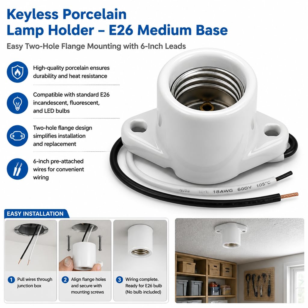 Lamp Holder Light Base Socket Keyless Medium Porcelain Screw Threaded Socket with 6" Leads and Two Hole Flange Mounting for Garage for Closet Lighting (10Pack)