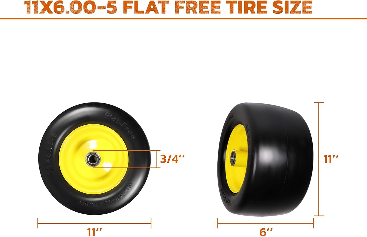 11x6.00-5 Flat Free Tire, Lawn Mower Tires Assembly with 3/4"", 5/8"", 1/2"" Bearings for Bad Boy, for Zero Turn Lawn Mower Tires, for Go Kart Cub Cadet Front Wheel and Tire, 2 Pack