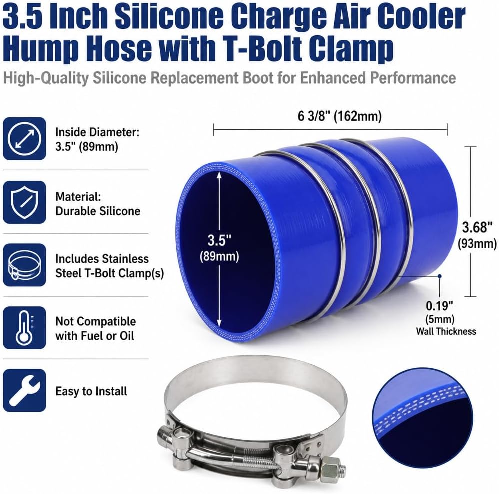 3.5 Inch Silicone Charge Air Cooler Hump Hose Boot Set 3 1/2 x 6 3/8 Inch with T Bolt Clamp Blue