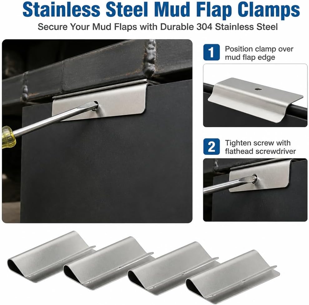 Heavy Duty Stainless Steel Mud Flap Clamps, Replace 8591100 Truck Mudflap Hanger Kit with Hardware, Fits 1/4"–1/2" Rubber & Plastic Mud Flaps for Semi Truck Trailer