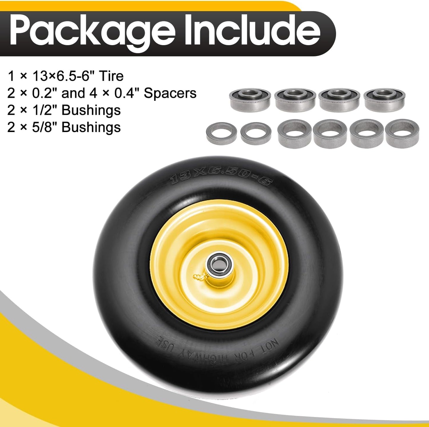 13x6.50-6" Lawn Mower Flat Free Front Wheel Tire, Solid Smooth Tire for Cub Cadet for Toro Zero Turn Lawn Mower with 5.5"-7.5" Center Hub and 3/4" 5/8" 1/2" Precision Bearings (Yellow-1pc)