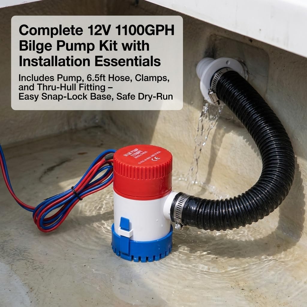 Boat Bilge Plumbing Kit 1-1/8 Inch Dia 12V Non-automatic Bilge Pump kit 1100 GPH with 6FT PVC Bilge Pump Hose (Straight Elbow)