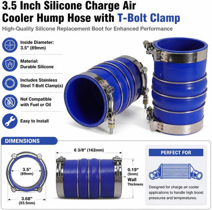 3.5 Inch Silicone Charge Air Cooler Hump Hose Boot Set 3 1/2 x 6 3/8 Inch with T Bolt Clamp Blue 2PC