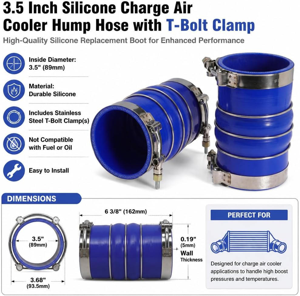 3.5 Inch Silicone Charge Air Cooler Hump Hose Boot Set 3 1/2 x 6 3/8 Inch with T Bolt Clamp Blue