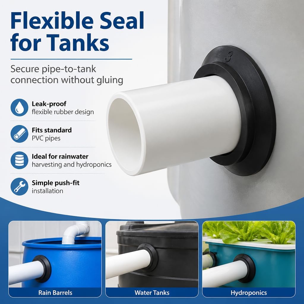 2 Pack 3in and 1in Uniseal Flexible Rubber Tank Sealing Adapter Bulkhead Fitting Compression Fittings for PVC Hard Pipe