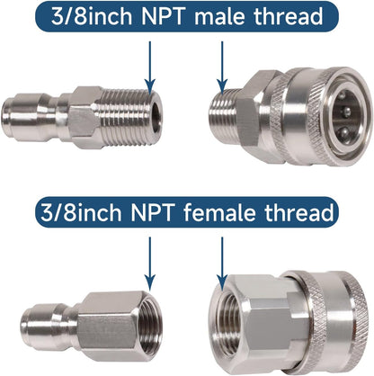 3/8 Inch 3/8'' Pressure Washer Quick Connect Fittings Stainless Steel Adapter Set NPT Male and Female Thread Kit, Silver