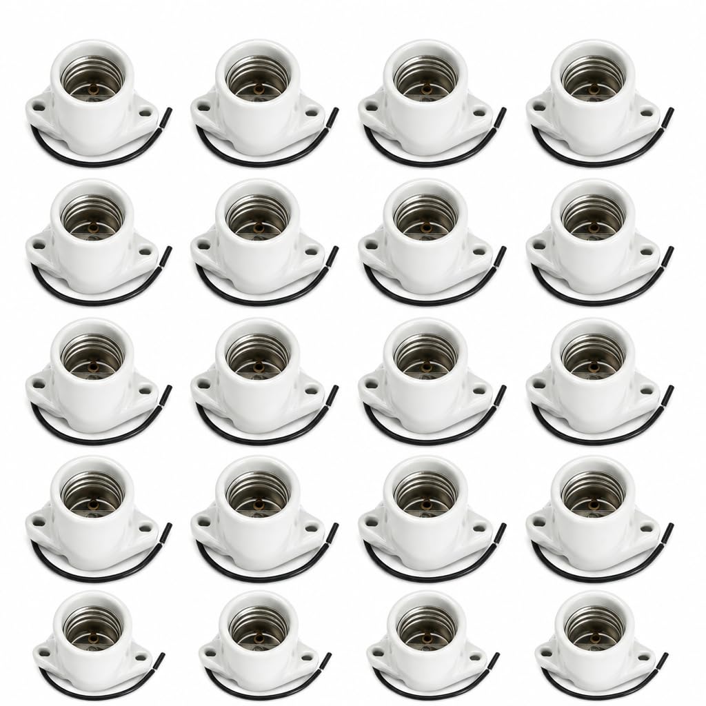 Lamp Holder Light Base Socket Keyless Medium Porcelain Screw Threaded Socket with 6" Leads and Two Hole Flange Mounting for Garage for Closet Lighting (20Pack)
