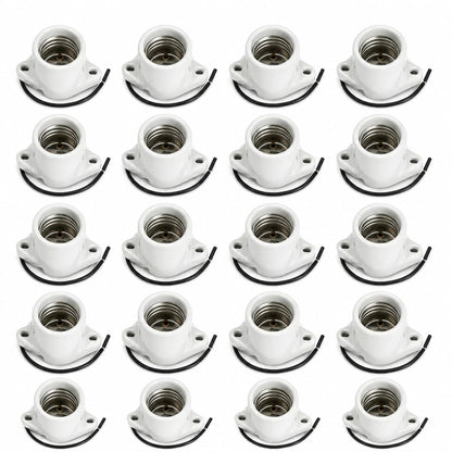 Lamp Holder Light Base Socket Keyless Medium Porcelain Screw Threaded Socket with 6" Leads and Two Hole Flange Mounting for Garage for Closet Lighting (20Pack)
