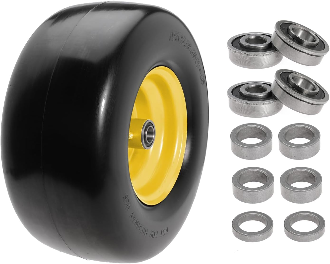 13x6.50-6" Lawn Mower Flat Free Front Wheel Tire, Solid Smooth Tire for Cub Cadet for Toro Zero Turn Lawn Mower with 5.5"-7.5" Center Hub and 3/4" 5/8" 1/2" Precision Bearings (Yellow-1pc)