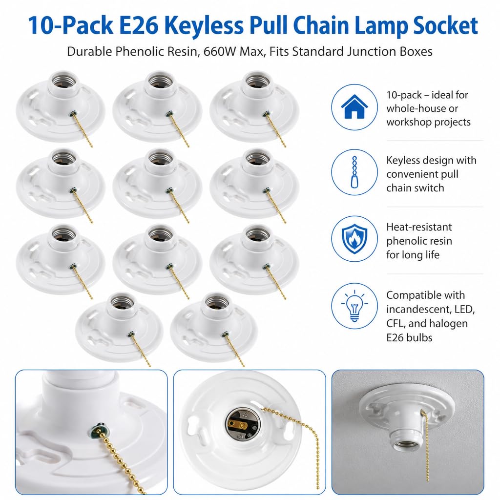 10 Pack for E26 Light Base Socket with Pull Chain Keyless Lamp Base Holder White Ceiling Bulb Socket 660W Outlet Box Mount for Incandescent for LED for Fluorescent Bulbs Indoor Outdoor Use