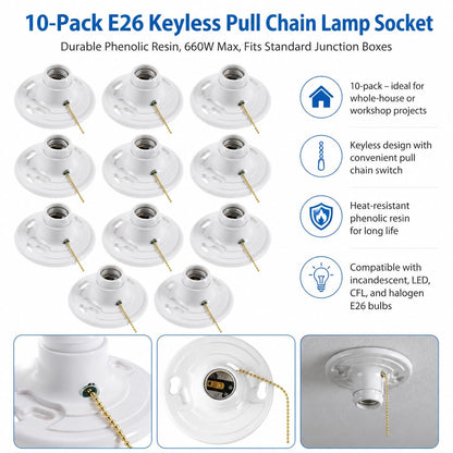 10 Pack for E26 Light Base Socket with Pull Chain Keyless Lamp Base Holder White Ceiling Bulb Socket 660W Outlet Box Mount for Incandescent for LED for Fluorescent Bulbs Indoor Outdoor Use