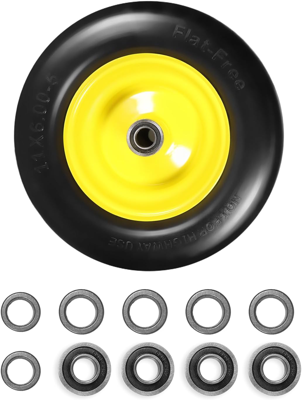 11x6.00-5" Flat Free Tire, Solid Smooth Front Wheel Tire for Bad Boy for Cub Cadet ZT1 for Zero Turn Mower for ZT1 42" 46" 50" 54" Mowers with 3/4" 5/8" 1/2" Precision Bearings (11x6.00-5" Tire-1pc)