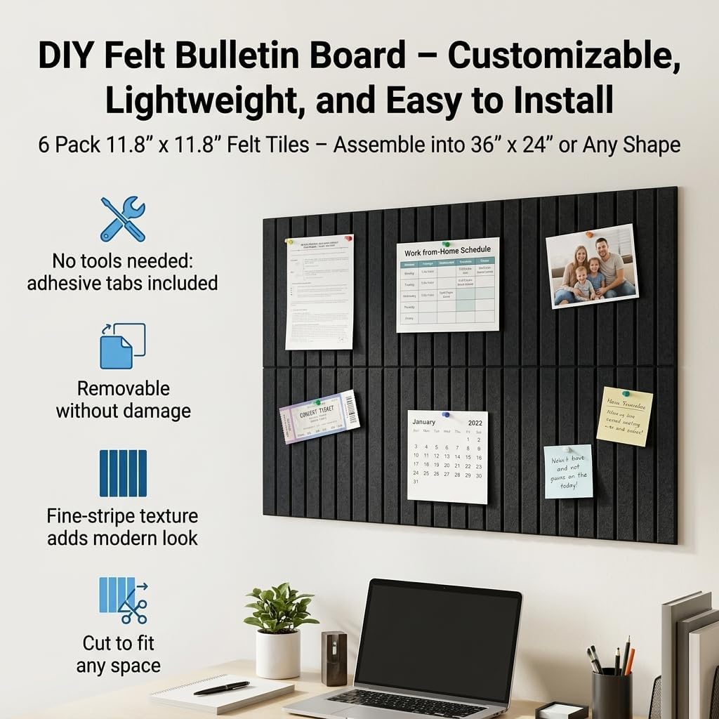 Large Splicing Felt Bulletin Board Cork Board Alternative 36" x 24" Felt Pin Board for Home Office Classroom Wall Decor Felt Wall Panel with Pushpins Adhesive Tabs(Fine-Stripe 6 Pack, Black)