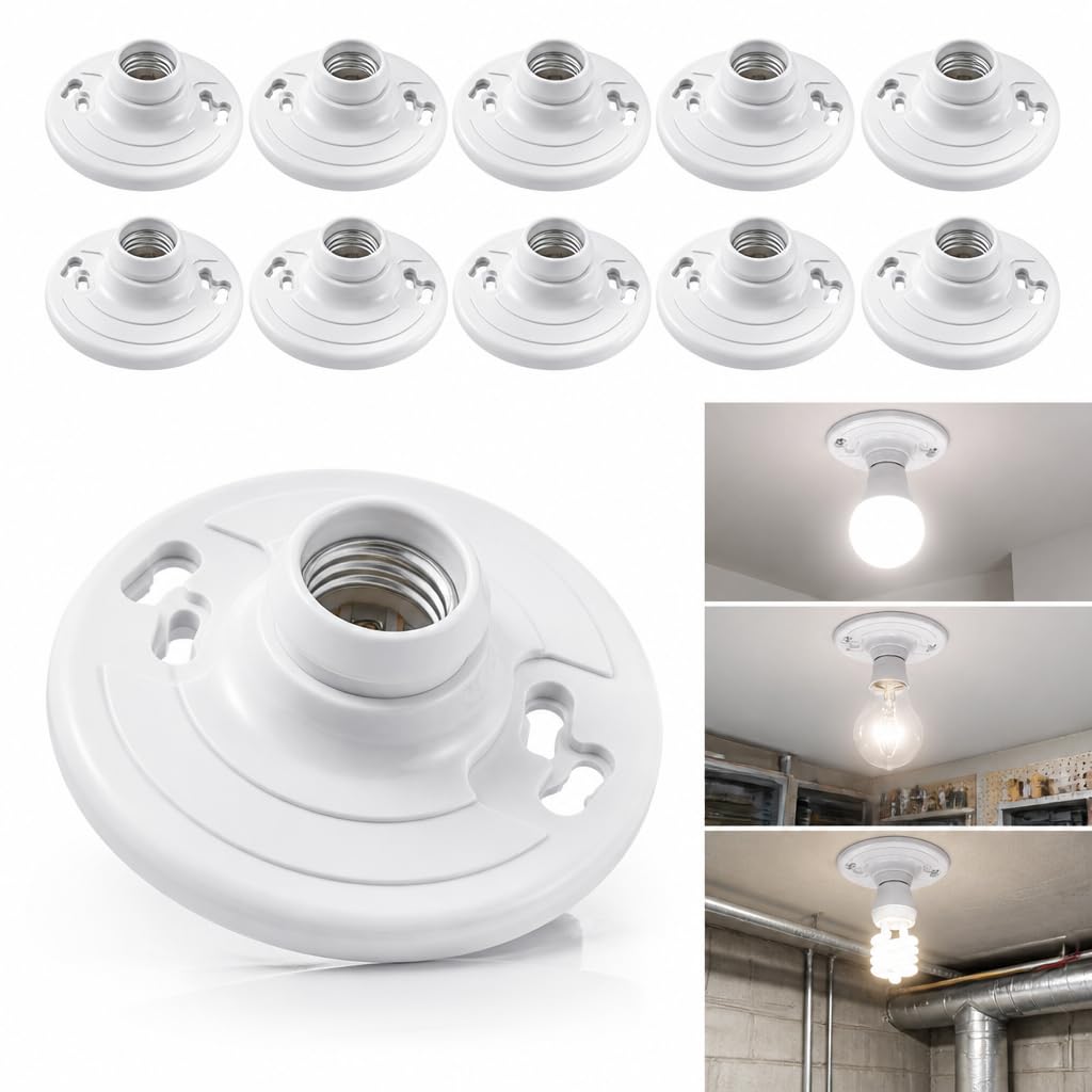 10 Pack for E26 for E27 Light Base Socket Keyless Lamp Base Holder White Ceiling Bulb Socket 660W Outlet Box Mount for Incandescent for LED for Fluorescent Bulbs Indoor Outdoor Use