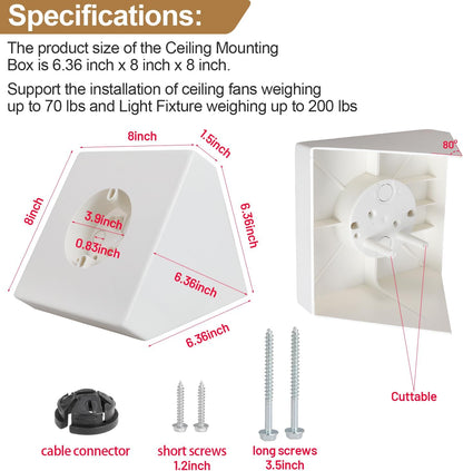 Ceiling Fan Light Fixture Mounting Box Fan Mounting Bracket FB900 Ceiling Fan Angle Mount for Cathedral Ceiling Angles of 80°and Up (1Pack)