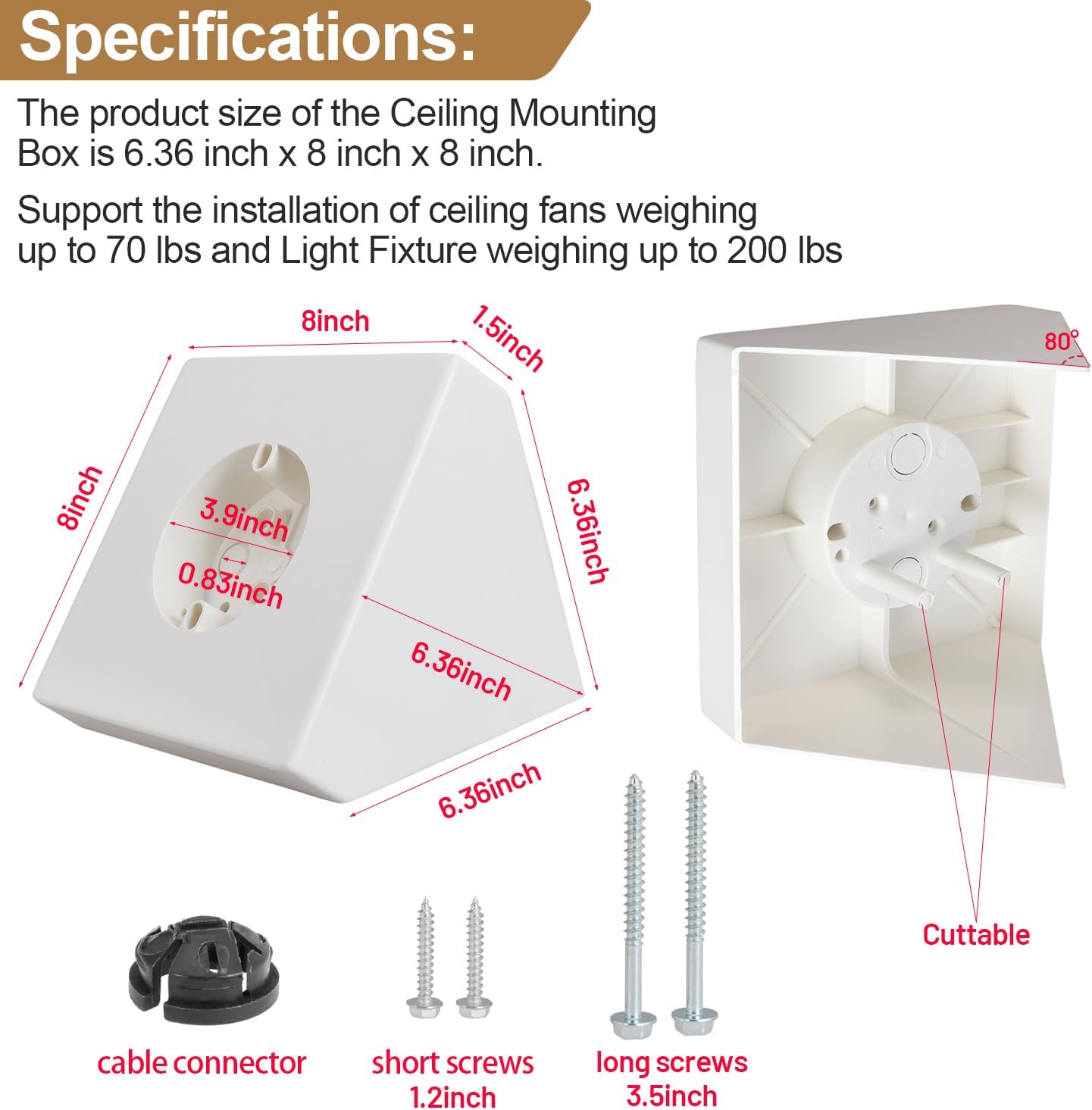 Ceiling Fan Light Fixture Mounting Box Fan Mounting Bracket FB900 Ceiling Fan Angle Mount for Cathedral Ceiling Angles of 80°and Up (2Pack)