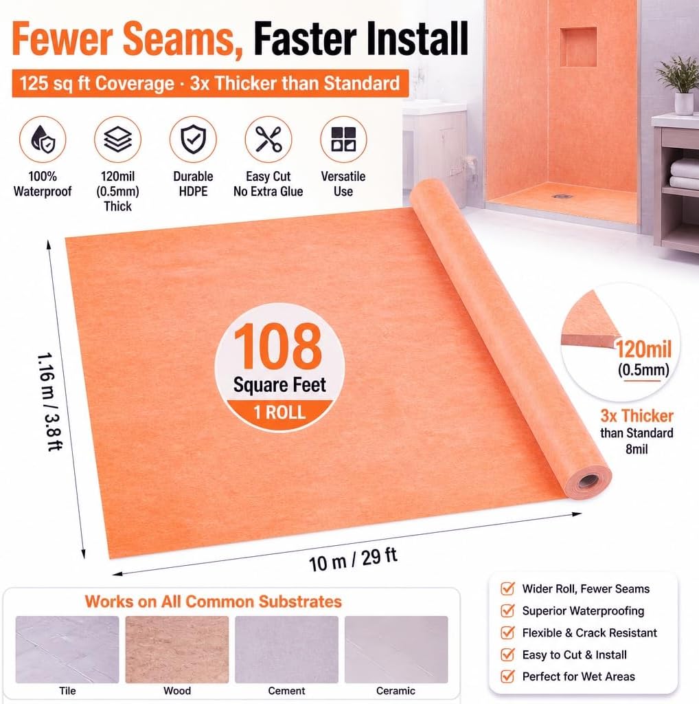 Waterproof Membrane for Shower 3.8 ft x 29 ft / 108 Square Feet Waterproofing Shower Membrane 19.7mil Thickness Waterproof for Sauna Bathroom Walls Tile Underlayment (108 SQ FT-19.7 mils)