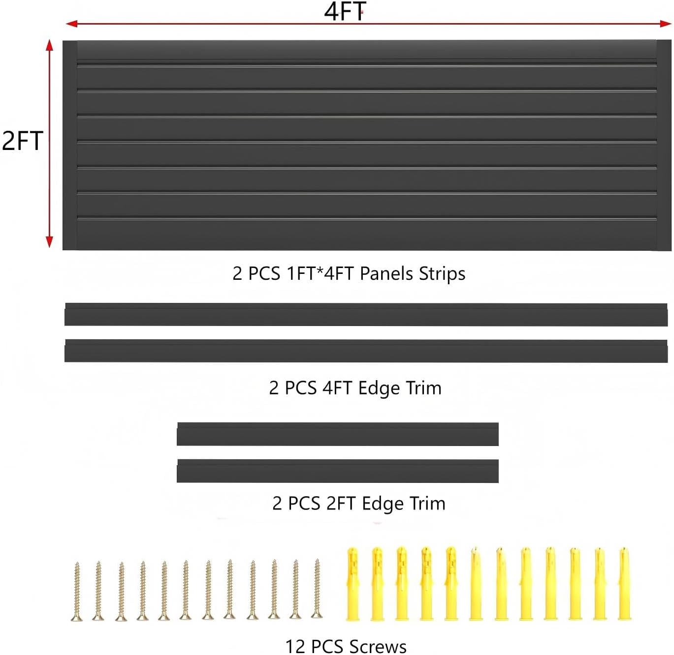 2x4FT Slat Wall Panels Garage Wall Organizer Tool Organizer Slat Board PVC Wall Panels Black Slatwall Garage Storage (Black, 2FTx4FT)