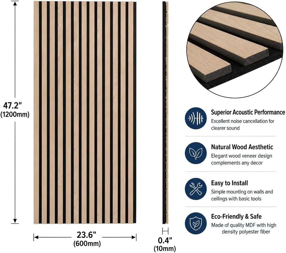 5 Pack Large Acoustic Panels for Wall Decor Sound Proof 47.2 x 23.6 x 0.4 Inch Sound Dampening Panels Wood Veneer Sound Absorbing Wall Panel for Bedroom Home Studio Office (Oak)
