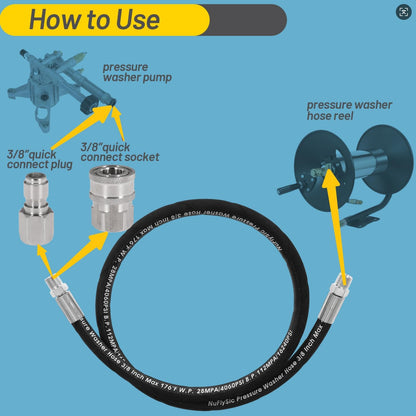 Pressure Washer Whip Hose Power Washer Jumper Hose for Pressure Washing with Steel Connector 3/8 Inch NPT Quick Connect Plug Hose Reel Connector Hose, 4000 PSI, 11FT, 1PCS