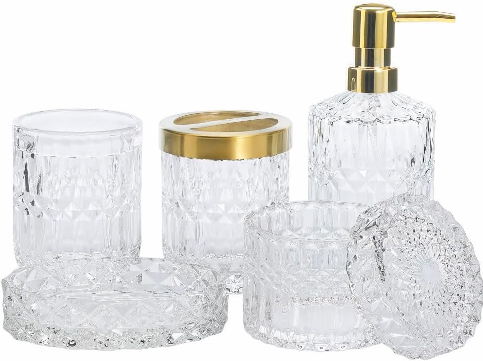 5Pcs Glass Bathroom Accessories Complete Set, Lotion Dispenser, Soap Dish, Toothbrush Holder, Tumbler, Cotton Swab Jars, Modern Bathroom Decor and Gift Set (White)