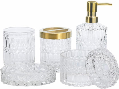 5Pcs Glass Bathroom Accessories Complete Set, Lotion Dispenser, Soap Dish, Toothbrush Holder, Tumbler, Cotton Swab Jars, Modern Bathroom Decor and Gift Set (White)