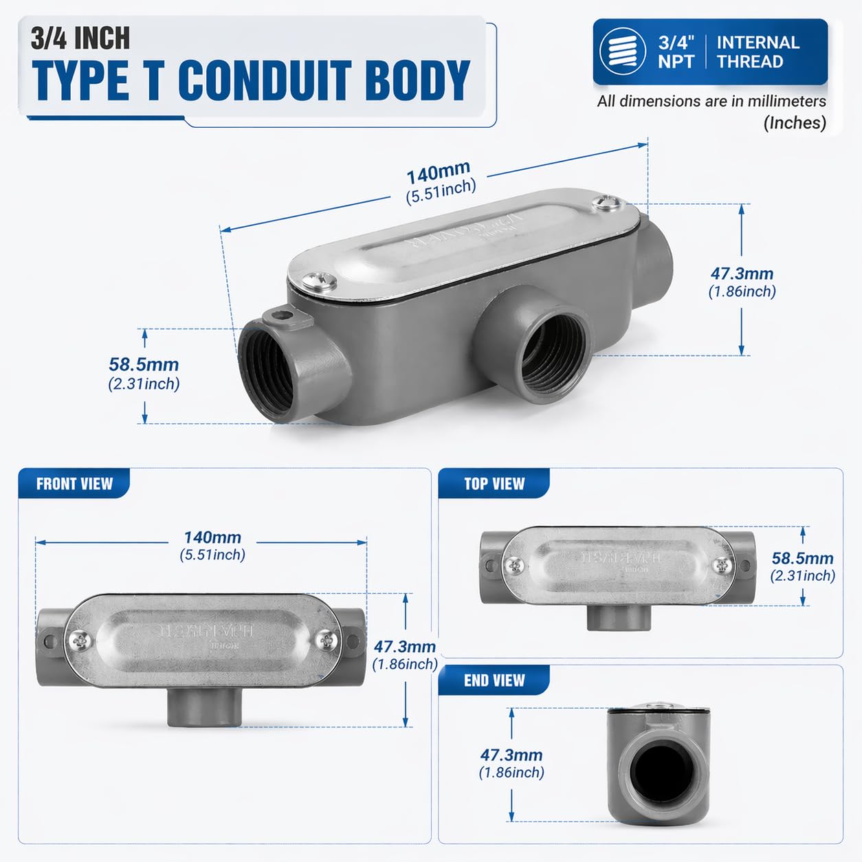 4 Pack 3/4 Inch T-Type Threaded Conduit Body, Die Cast Aluminum Electrical Junction Box with Stamped Steel Cover