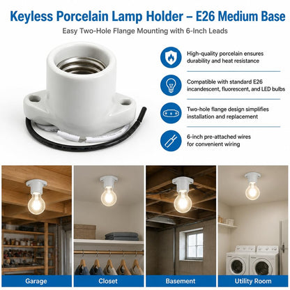 Lamp Holder Light Base Socket Keyless Medium Porcelain Screw Threaded Socket with 6" Leads and Two Hole Flange Mounting for Garage for Closet Lighting (20Pack)