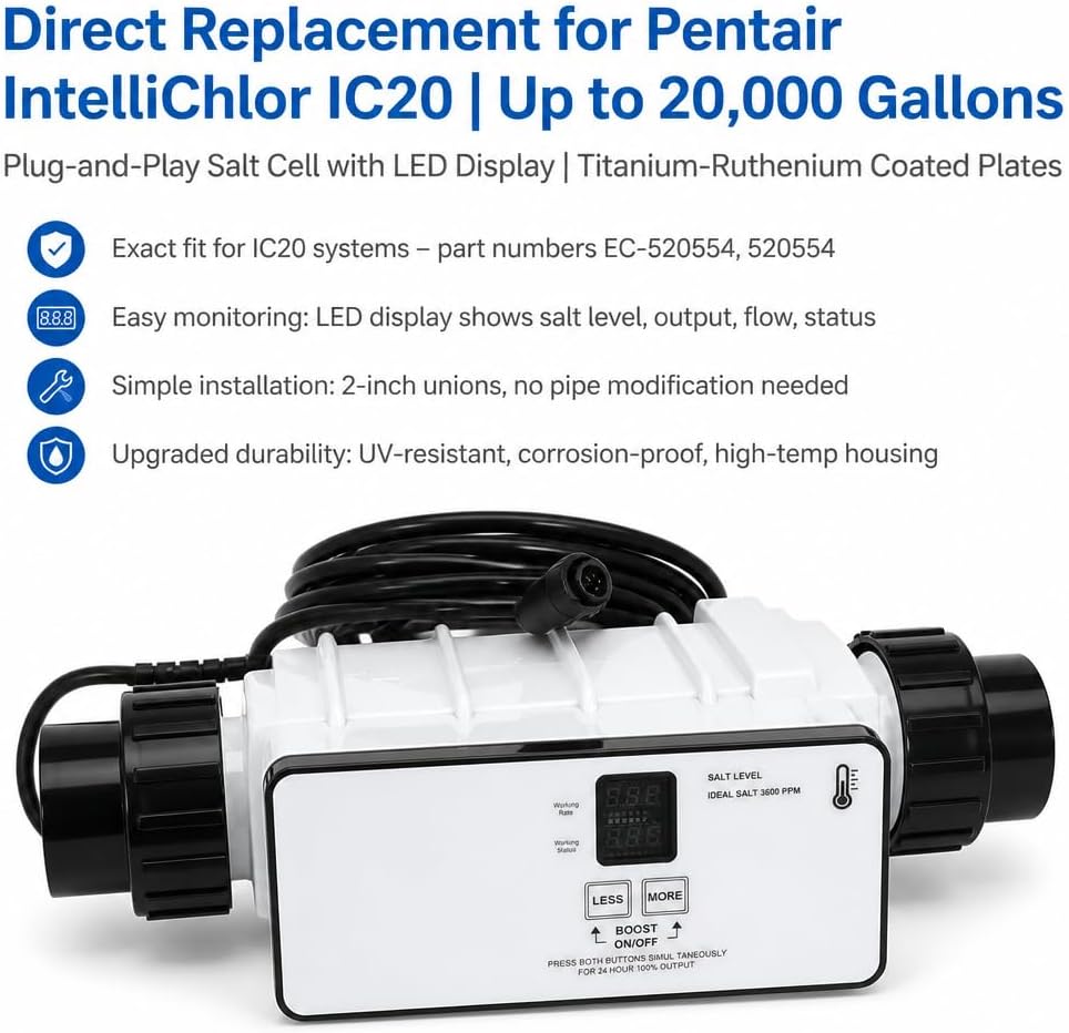 Salt Cell Saltwater Chlorine Generator Replace EC-520554 520554 for Pentair IntelliChlor IC20, Up to 20000 Gallons In-Ground Swimming Pools