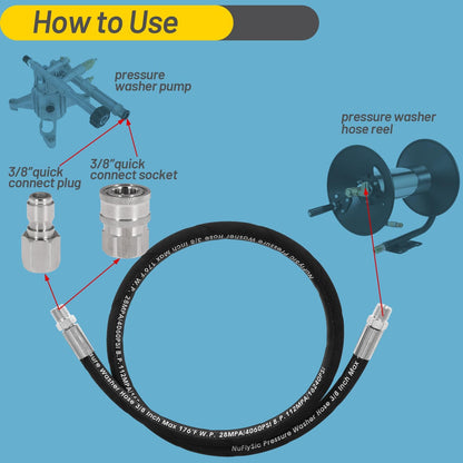 Pressure Washer Whip Hose Power Washer Jumper Hose for Pressure Washing with Steel Connector 3/8 Inch NPT Quick Connect Plug Hose Reel Connector Hose, 4000 PSI, 11FT, 2PCS