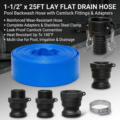 Pool Backwash Drain Hose Lay Flat Discharge Hose 1-1/2" x 25ft Reinforced Drain Pipe with Camlock Fittings for Pump Pool Drainage Includes 125F 125A 150F 150A Adapter and Clamp