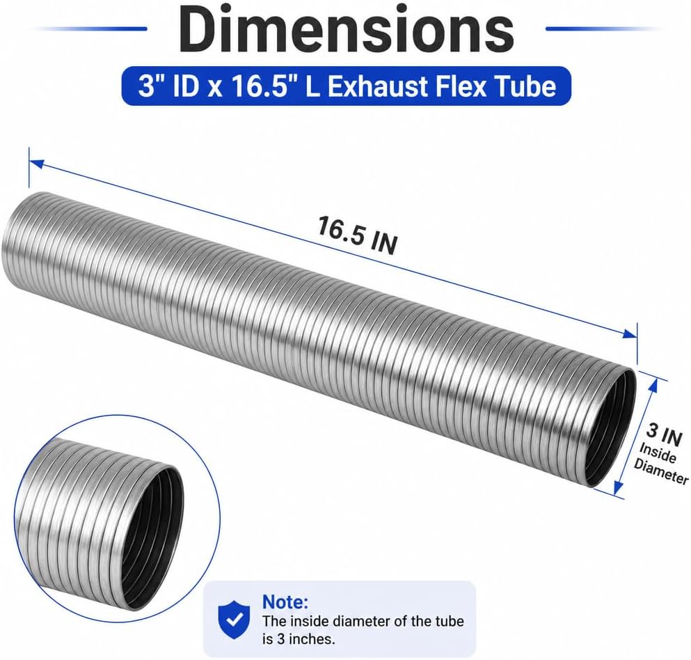 Exhaust Flex Pipe 3" ID x 16.5" L, 304 Stainless Steel – Flexible Exhaust Tubing