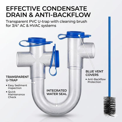 3/4" Standard Condensate Trap with 17" Cleaning Brush PVC Transparent U Trap for HVAC Systems, Air Conditioner, Effectively Drains Condensate (10Pack)