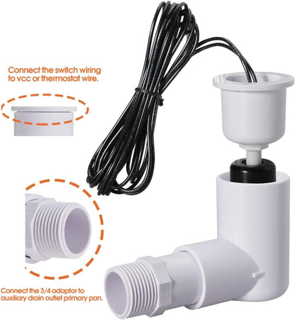 6PACK SS2 Float Switch with 3/4 Inch Adaptor and 6FT Wire Water Float Switch for HVAC Drain Pan Condensate Outlet