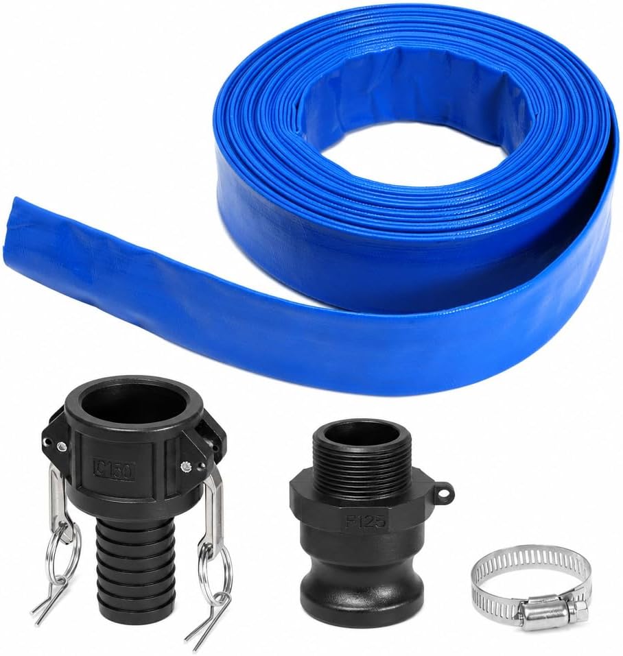 Pool Backwash Drain Hose Lay Flat Discharge Hose 1-1/2" x 25ft Reinforced Drain Pipe with Camlock Fittings for Pump Pool Drainage Includes 125F Adapter and Stainless Steel Clamp